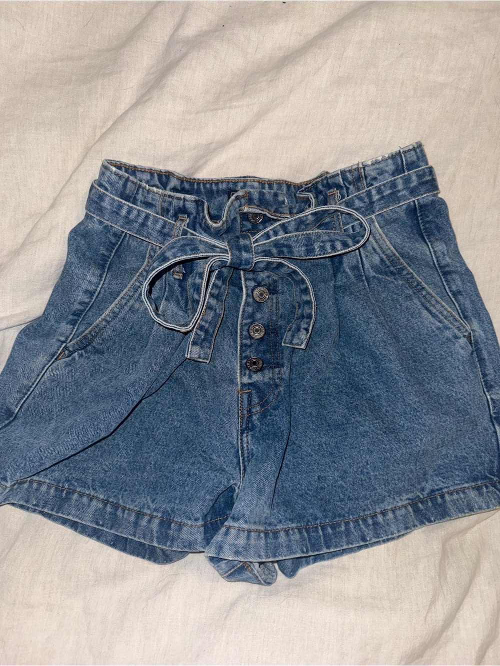 High-Waist Blue Denim Paperbag Women's Shorts with Tie